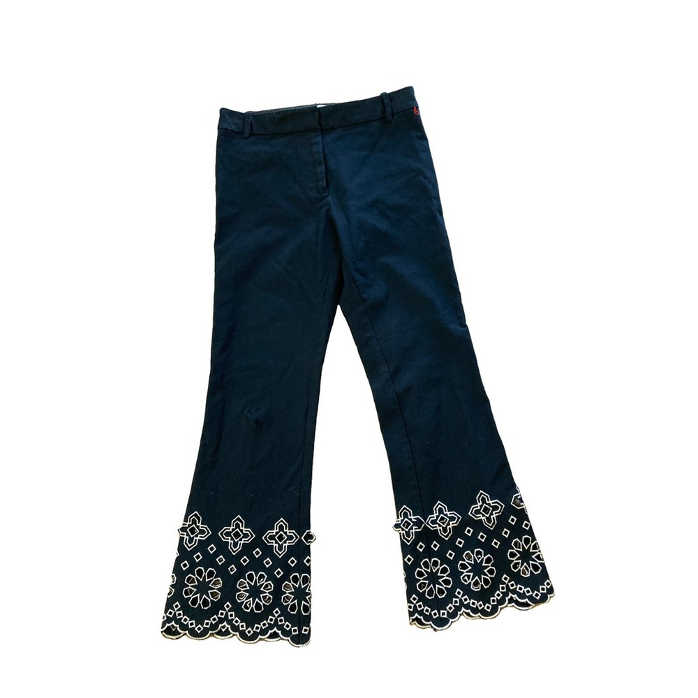 Derek Lam 10 Crosby Cropped Flare Trousers Sz 4 Navy Eyelet Embroidery Pant